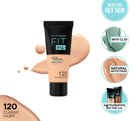 Maybelline New York Fit Me Matte & Poreless Liquid Foundation 18ml  Shade 120 Classic Ivory | For Normal to Oily Skin