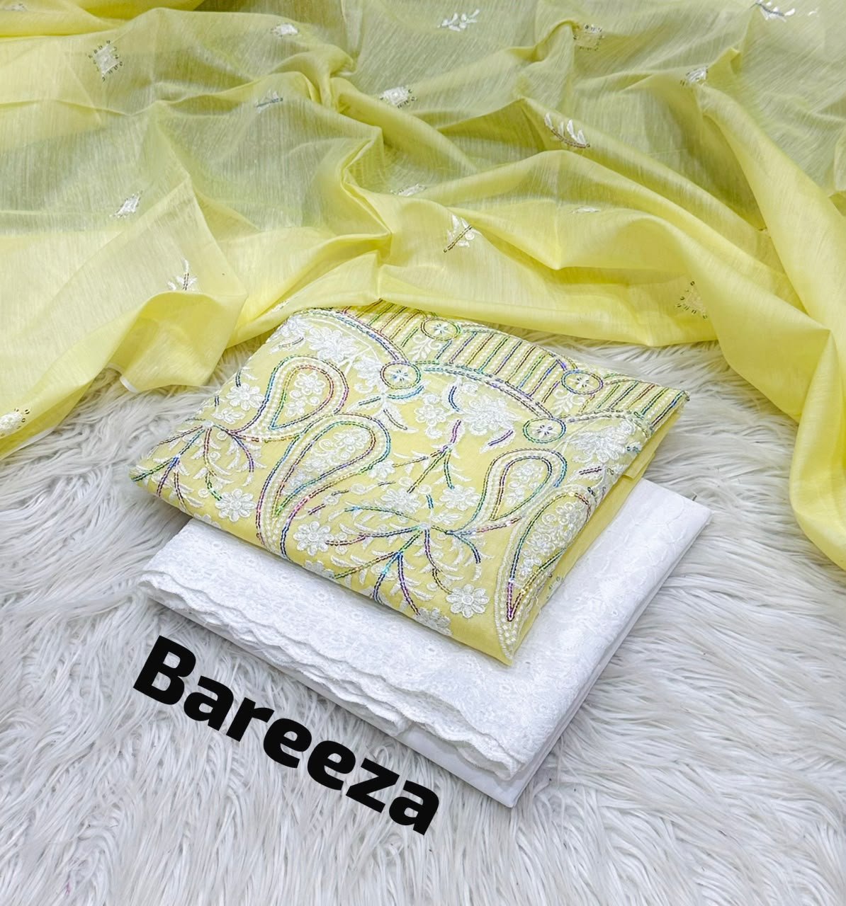 BAREEZA 3-Piece Embroidered Paper Cotton Collection – Shirt, Dupatta & Trouser